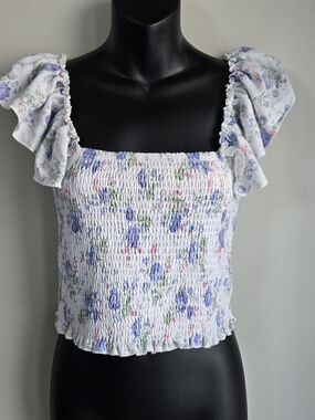 ALTAR'D STATE Crop Tank Top Rouched Ruffle Sleeves Floral Summer Boho Fairycore